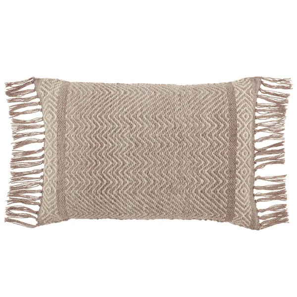 Taupe chevron lumbar pillow with tasseled trim and woven geometric pattern in rectangular shape
