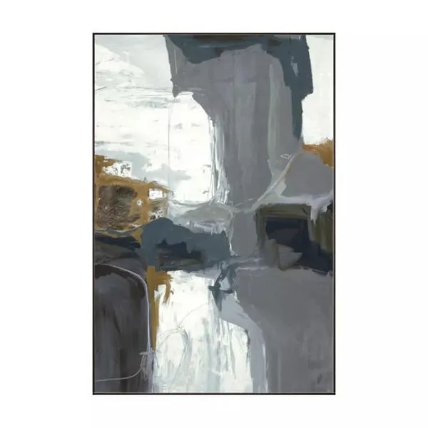 Abstract painting with gray, white, and brown tones framed in a slim black frame, size 60x40 inches