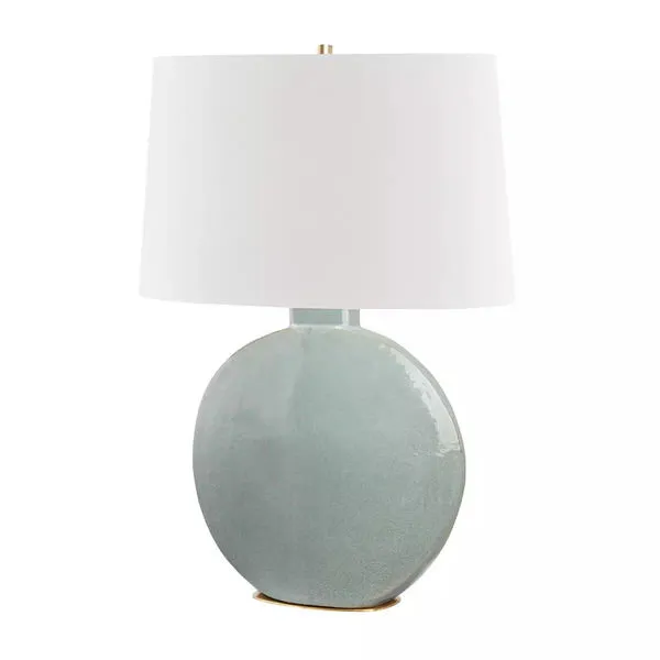 Kimball 1 Light Table Lamp with round ceramic base in light seafoam green and white tapered drum shade
