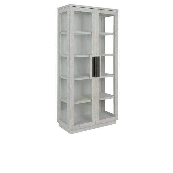 Larson cabinet in reclaimed pine wood with clear tempered glass doors and dark brass handles