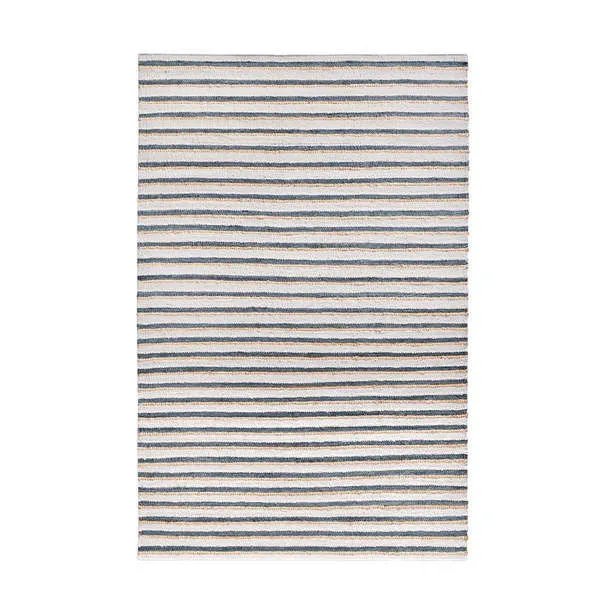 Rectangular Del Mar Jute Blend Area Rug with ivory stripes on jute and cotton in slate blue background