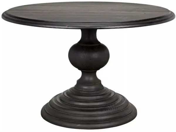 Close-up angled view highlighting the texture and grain of the dark reclaimed wood tabletop and pedestal