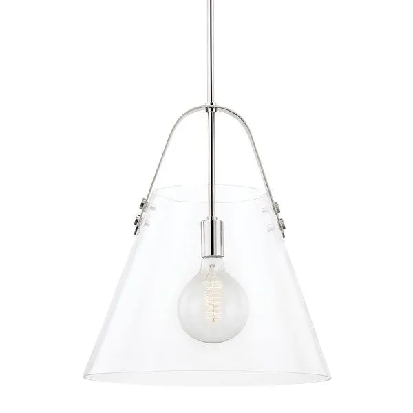 Extra large pendant with clear bell-shaped glass shade and metal strap arching over top, incandescent bulb inside