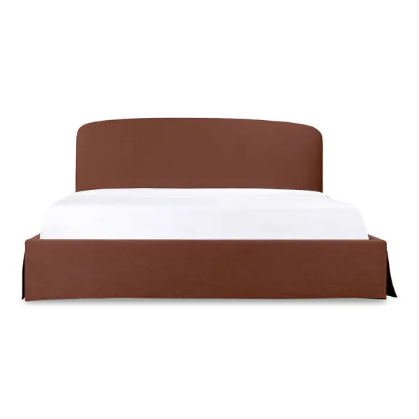 Joan Queen Storage Bed in rust fabric with rounded headboard and upholstered bed skirt