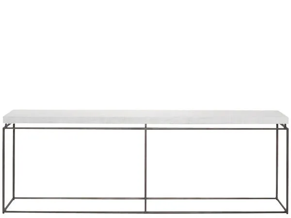 Watts Console Table with a narrow white rectangular tabletop and a slim dark metal frame base in modern farmhouse style
