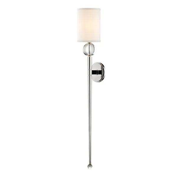 Serena 1 Light Wall Sconce with soft-white fabric shade, polished nickel finish, and crystal orb on tapered wand