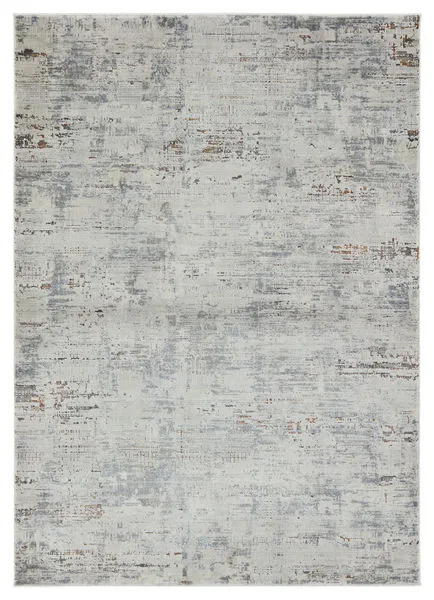 Isola Modern Abstract rug in gray and blue with distressed abstract pattern featuring hints of cream, silver, red, and orange