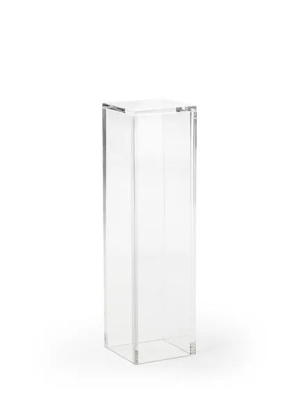 Tall clear acrylic pedestal with a simple rectangular design and polished edges