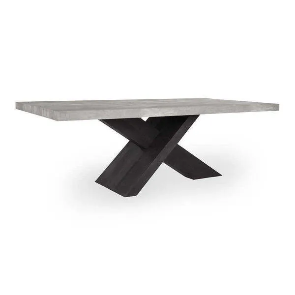 Durant Dining Table with a rectangular lightweight concrete laminate top and oversized dark crisscross beam base