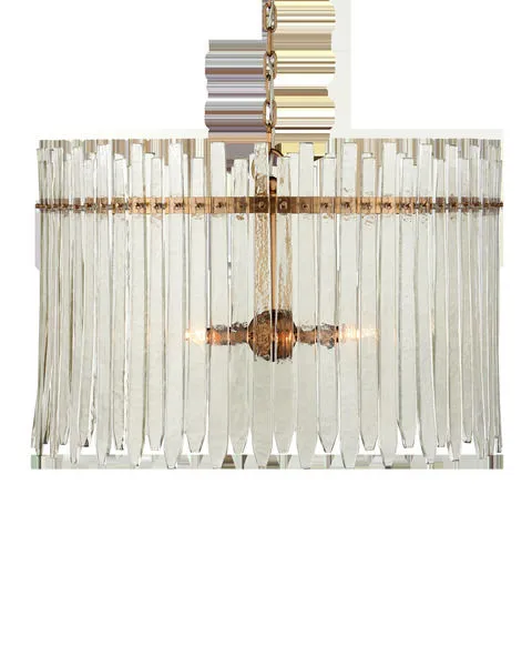 Electra Chandelier with icicle-like clear glass bars and antique brass frame dripping in two sizes of curved bars