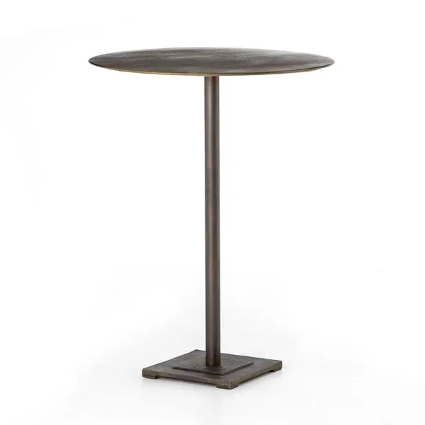Slender pedestal bar table with antique brass finish and acid-etched round top on square base