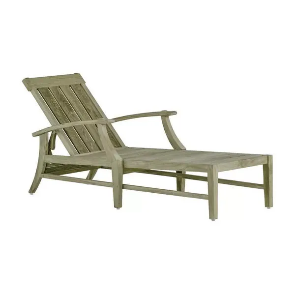 Croquet teak chaise lounge without wheels, slatted wood design with curved armrests and adjustable backrest