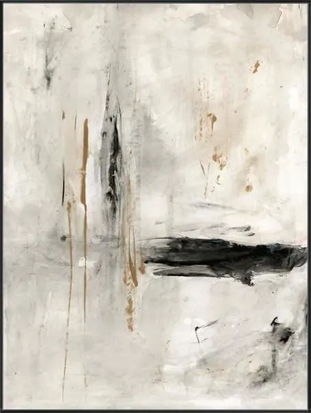 Abstract artwork with soft muted tones and bold black and brown strokes creating depth and movement