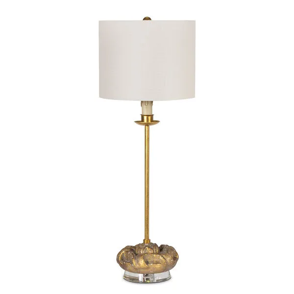 Domonique Stem Buffet Lamp with antique gold carved circular base and crisp white drum shade