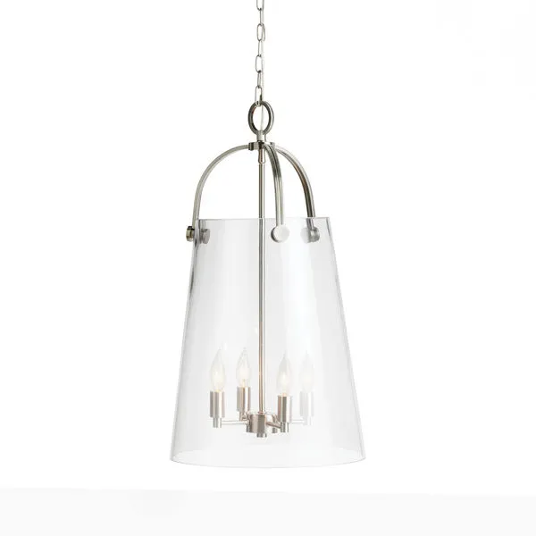 Capra Pendant with clear tapered glass shade and silver metal fixture penetrating the glass, four candle-style bulbs inside