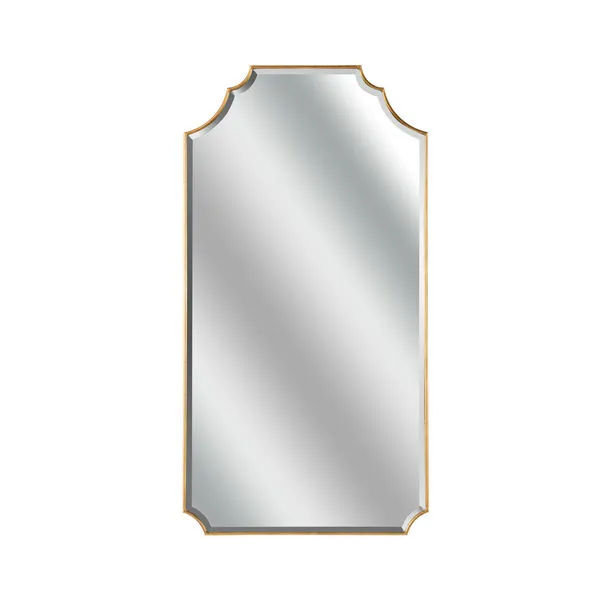 Tall rectangular mirror with scalloped top corners and beveled edges in gold leaf frame