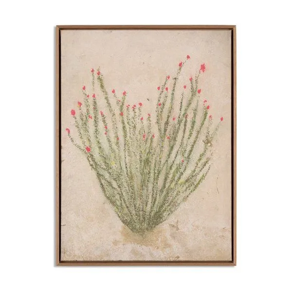 Painting titled Ocotillo by Paul Meyer depicting slender green cactus branches with small red blooms on beige textured bac...
