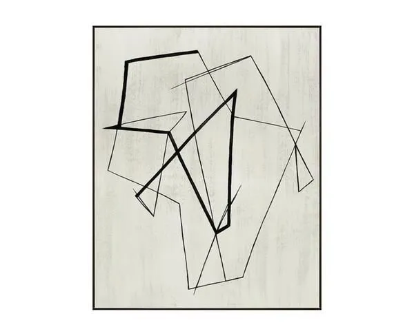 abstract black and white painting with intersecting thin and thick lines forming angular shapes on a light textured backgr...