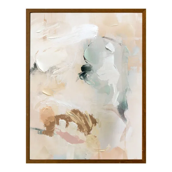 Gaia framed painting with soft, layered textures in serene mix of white, beige, green, and brown tones