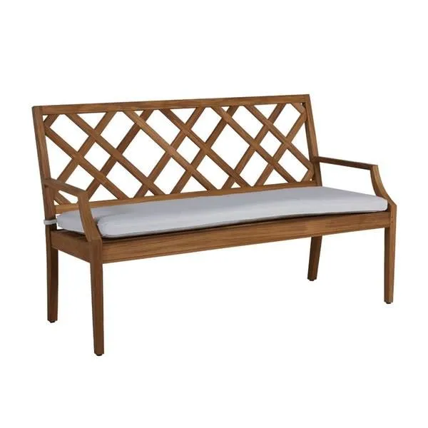 Haley Teak 60-inch outdoor bench with lattice backrest, teak wood frame, and light gray seat cushion