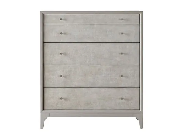 Tranquility Chest with five spacious drawers, metal pulls, and a linen texture finish in soft gray