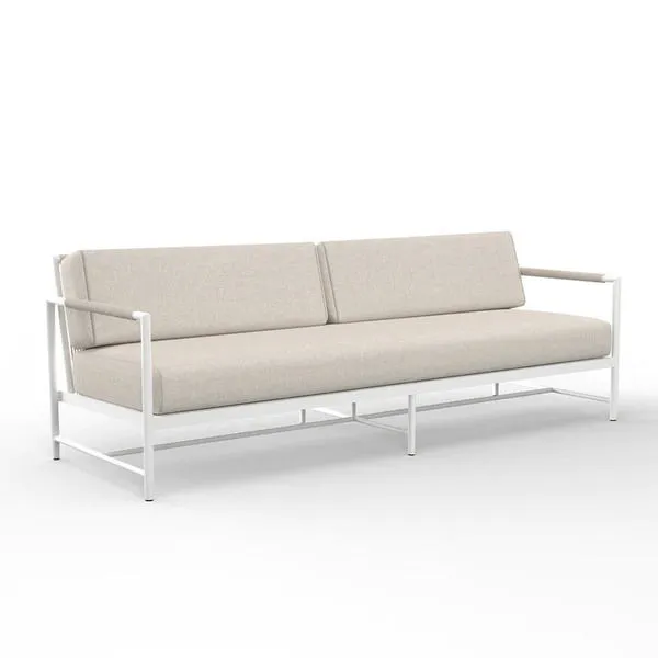 Sabbia Sofa with satin white aluminum frame, natural colored all-weather rope, beige cushions, mid-century design