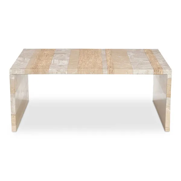 Rosa coffee table with waterfall design in thick, neutral-toned marble strips with substantial scale
