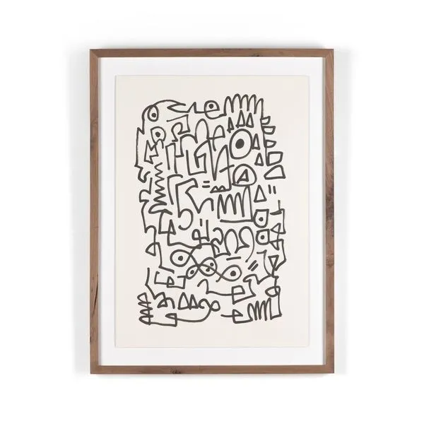 Abstract black line drawing with geometric shapes framed in rustic walnut with white matting