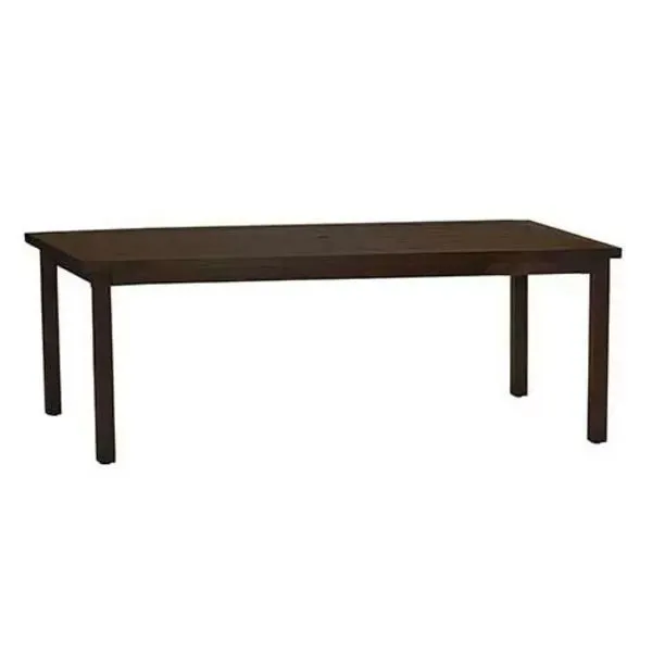 Rectangular outdoor dining table with dark brown aluminum top and straight square legs