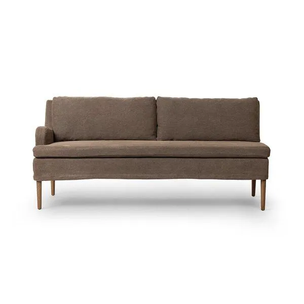 Aurelia Dining Banquette in Broadway Coffee with flax linen upholstery, solid oak legs, and a modern silhouette