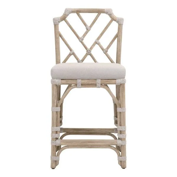 Bayview Counter Stool with solid mahogany frame, taupe and white rope binding, beige cushioned seat, and tropical crossed ...