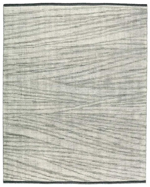 Farrow Hand-Knotted Animal Gray/Ivory Rug with dynamic horizontal stripe motif in gray, ivory, and green hues