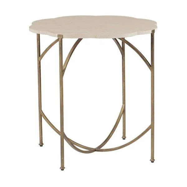 Gillian Flower Table with floral-shaped limestone top and thin iron frame in a neutral beige tone