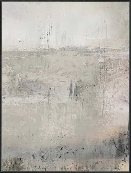 Abstract painting with muted beige and gray tones, textured layers suggesting a tranquil dusk landscape
