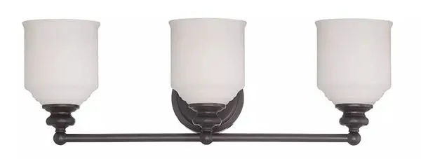 Melrose 3 Light Bath Bar with three white globe shades and English Bronze finish in a modern linear design