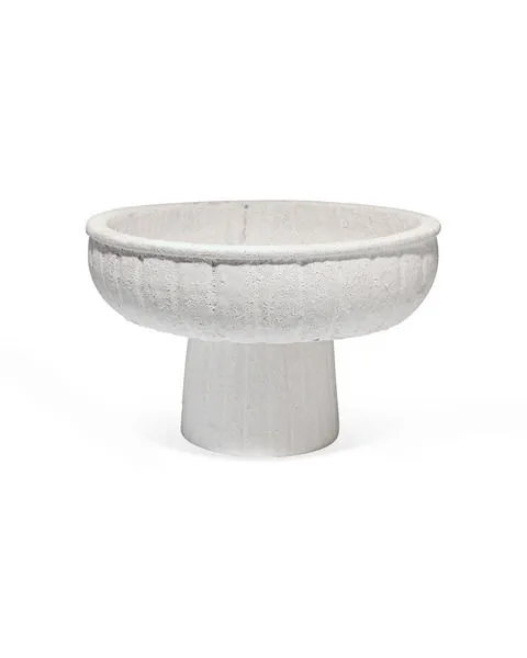 Front view of empty large white textured ceramic pedestal bowl on white background