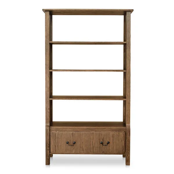 Caroline bookcase with overhanging top, curved front legs, four shelves, bottom drawer in mid-tone brown wood