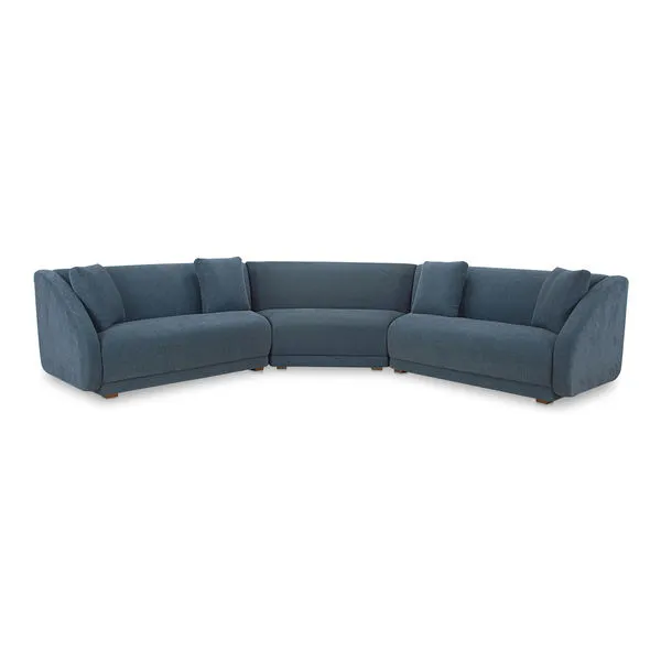 Three-piece blue fabric sectional sofa with wedge slipper, curved and sloped arms on minimalist wooden base