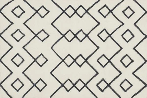 Adler Ivory Rug with black geometric diamond pattern on ivory background, textured high/low wool weave