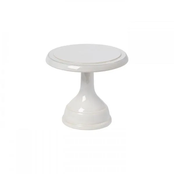 White ceramic stoneware footed plate with round shape and smooth glossy finish