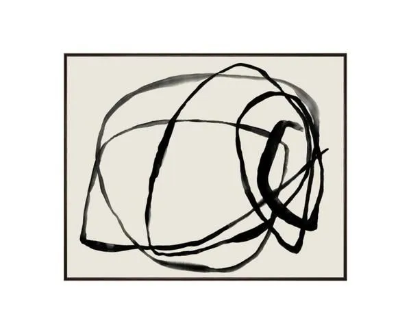 Abstract painting with overlapping thick and thin black circular strokes on a light background