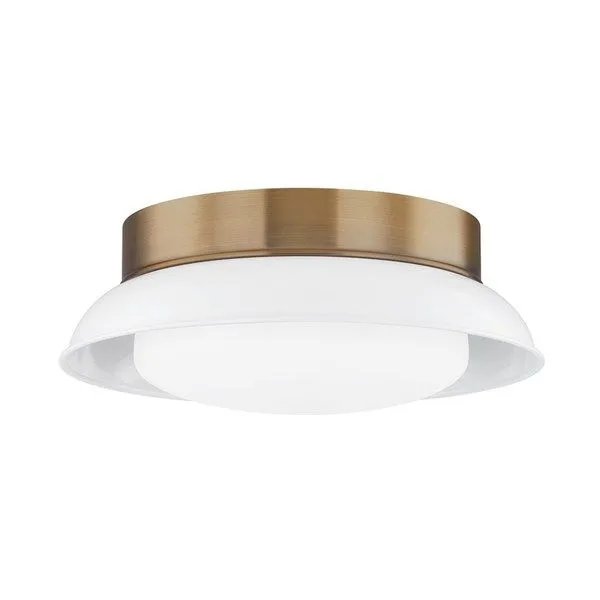 Arnie 2 Light White Patina Brass Flush Mount with glossy white shade, opal glass diffuser, and brass canopy