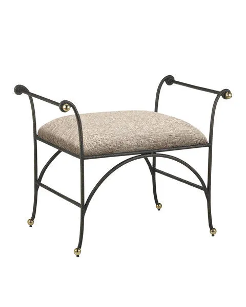 Three-quarter angle showing full shape, arm details, and textured steel frame with brass accents