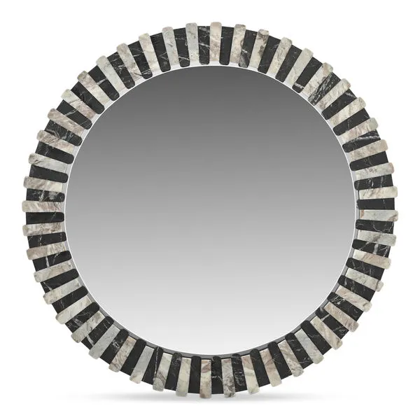 Circular Isolde mirror with alternating light and dark hand-laid Torrento and black marble segments, matte leathered finish