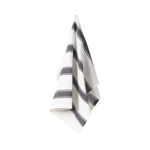 Black striped herringbone cotton kitchen towel hanging with visible texture and soft drape