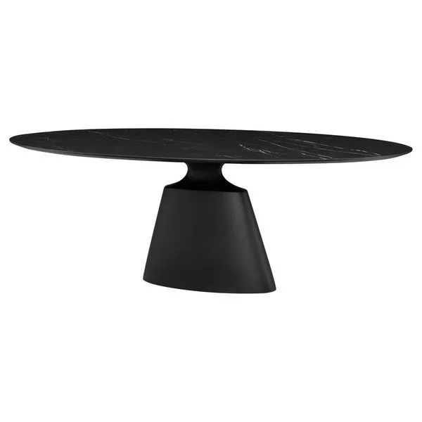 Oval table viewed from a slight side angle showing the tapered conical base