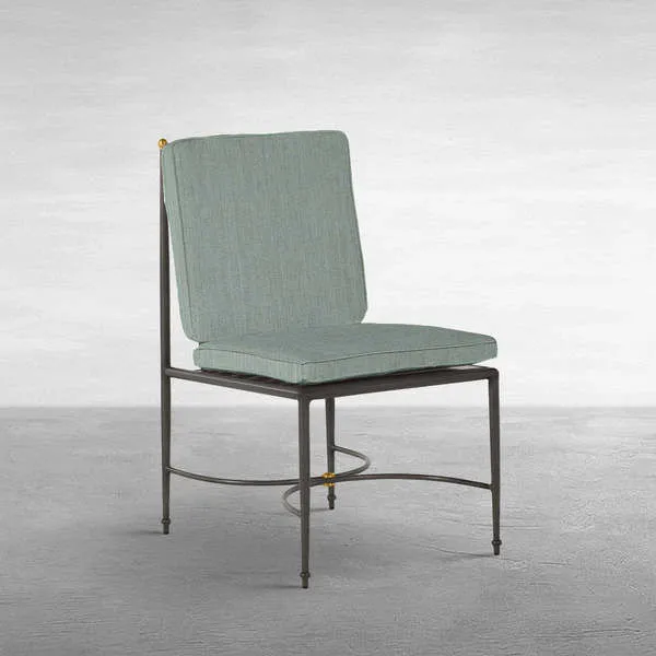Roma Wrought Aluminum Side Chair with slate grey frame, light teal cushions, and gold finial detail
