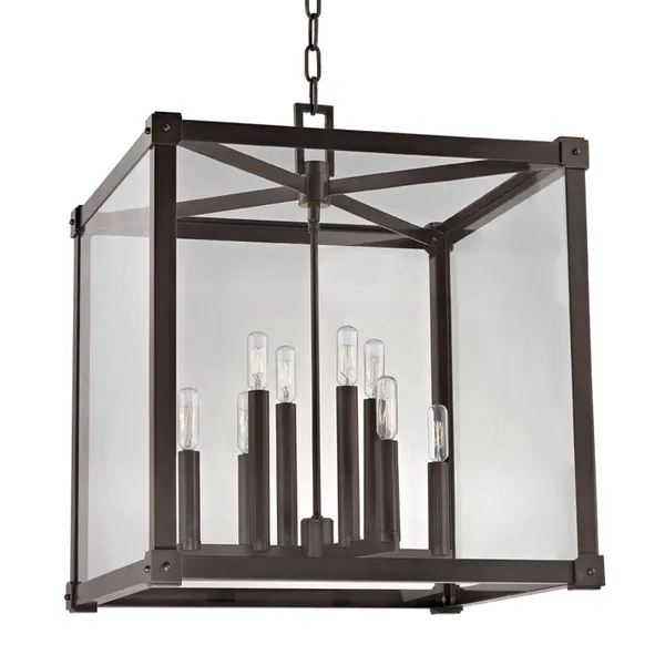 Forsyth 8 Light Pendant chandelier with metal frame and clear glass panels surrounding eight candle-style lights
