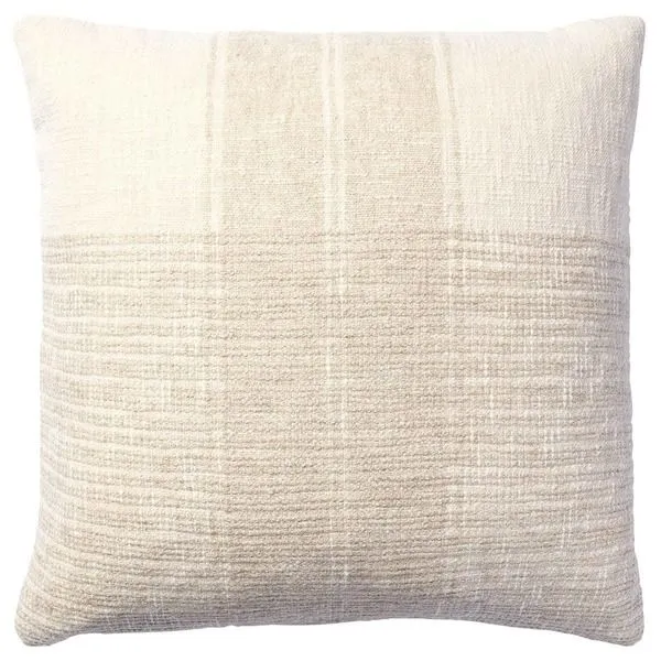 Cream pillow with handcrafted striped plaid design in cream and beige, soft textured fabric