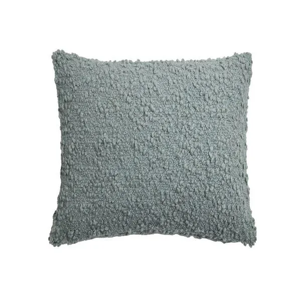 Square plush Murphy Pillow with light blue toucable bouclé texture featuring curly knots and loops